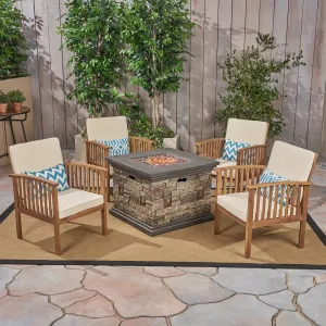 Outdoor 4-Seater Acacia Wood Club Chairs with Firepit, Brown Patina Finish and Cream and Stone - NH780603 patio chairs, outdoor seating