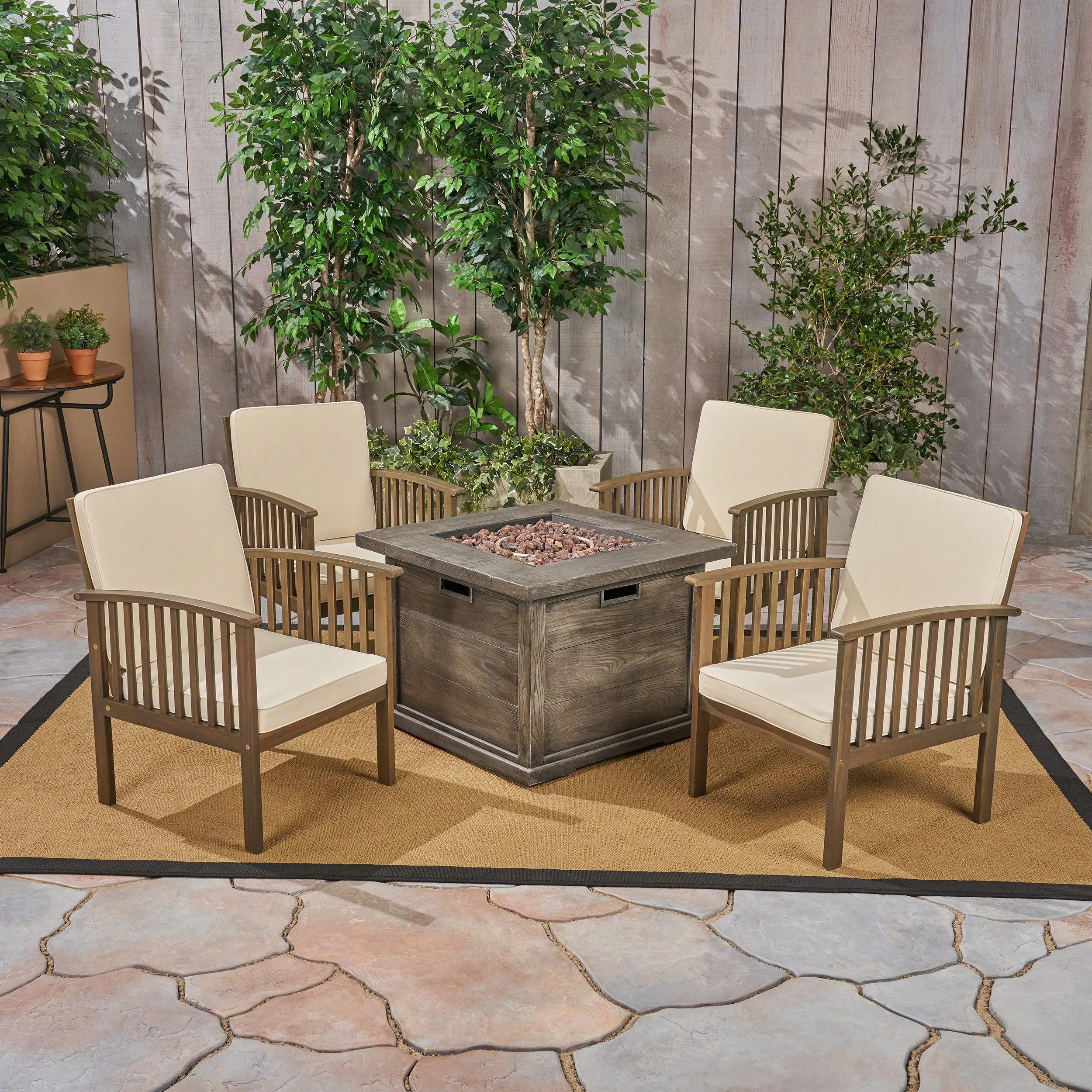 Outdoor 4-Seater Acacia Wood Club Chairs with Firepit, Gray Finish and Cream and Wood Pattern - NH290603 patio chairs, outdoor seating