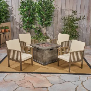 Outdoor 4-Seater Acacia Wood Club Chairs with Firepit, Gray Finish and Cream and Wood Pattern - NH290603 patio chairs, outdoor seating