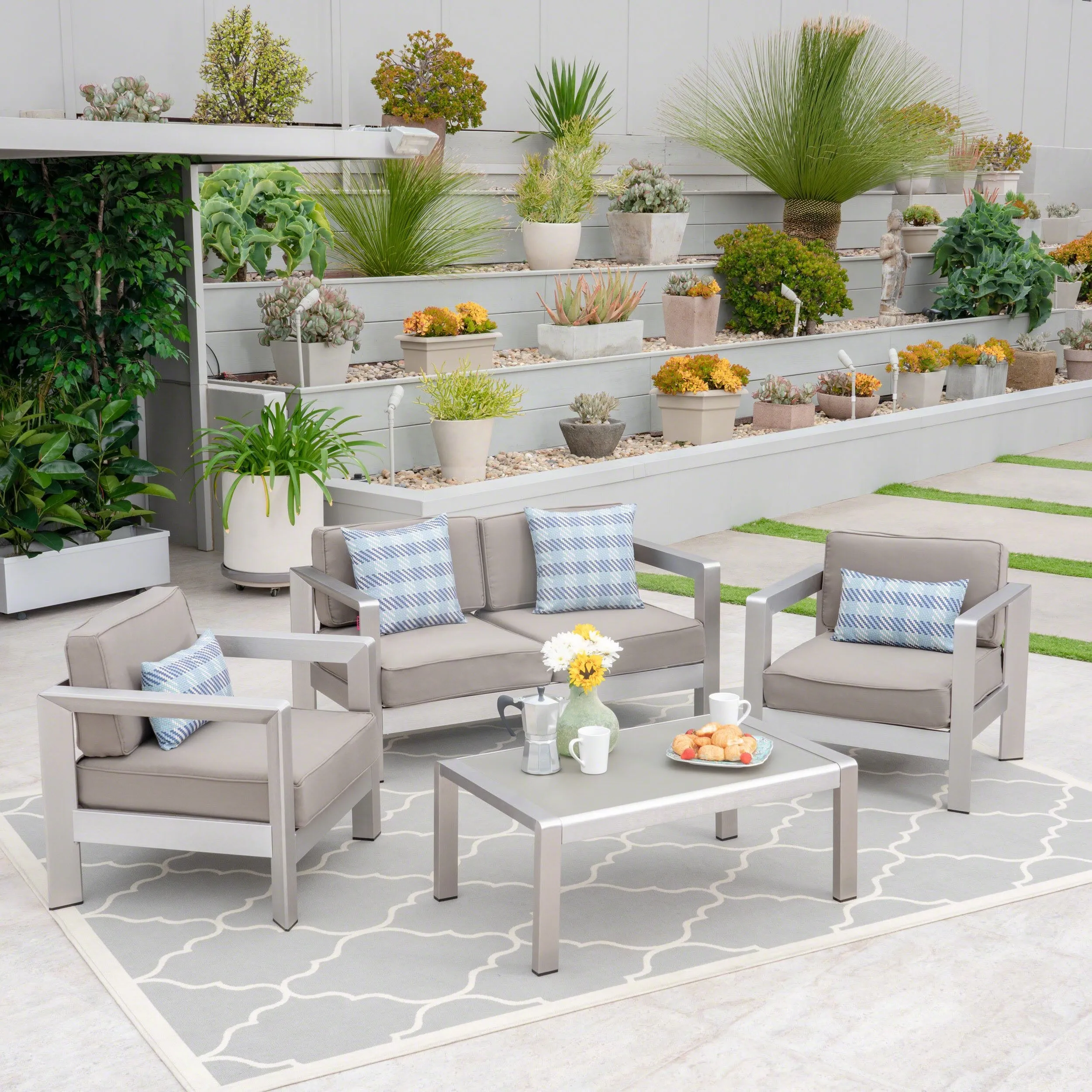 Outdoor 4-Seater Aluminum Chat Set with Tempered Glass-Topped Coffee Table - NH764603 patio chairs, outdoor seating