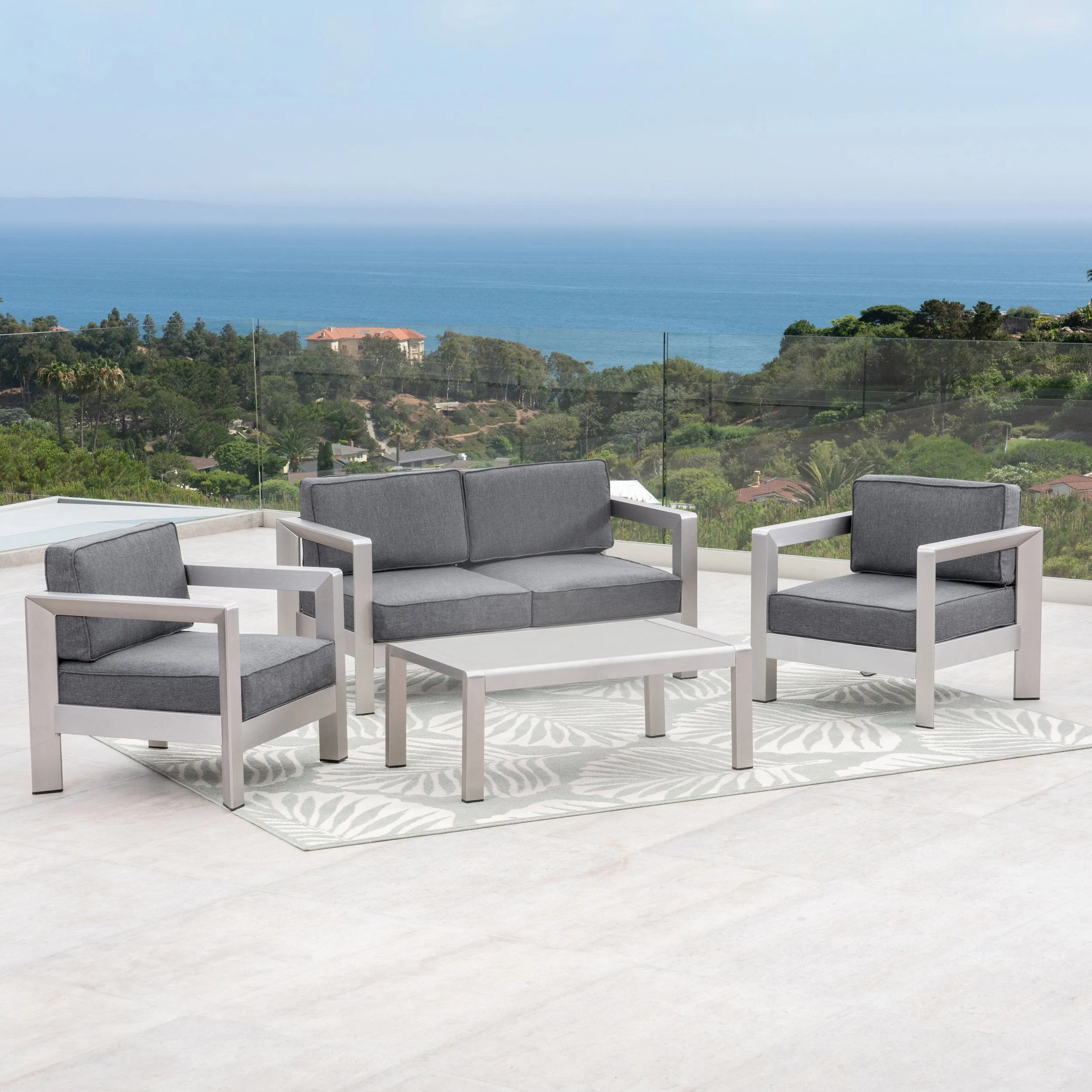 Outdoor 4-Seater Aluminum Chat Set with Tempered Glass-Topped Coffee Table, Silver and Gray - NH864603 patio chairs, outdoor seating