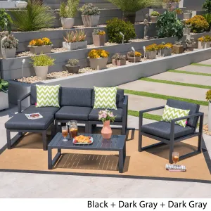 Outdoor 4-Seater Aluminum Sofa Set with Ottoman and Coffee Table, Black and Dark Gray - NH909503 patio chairs, outdoor seating