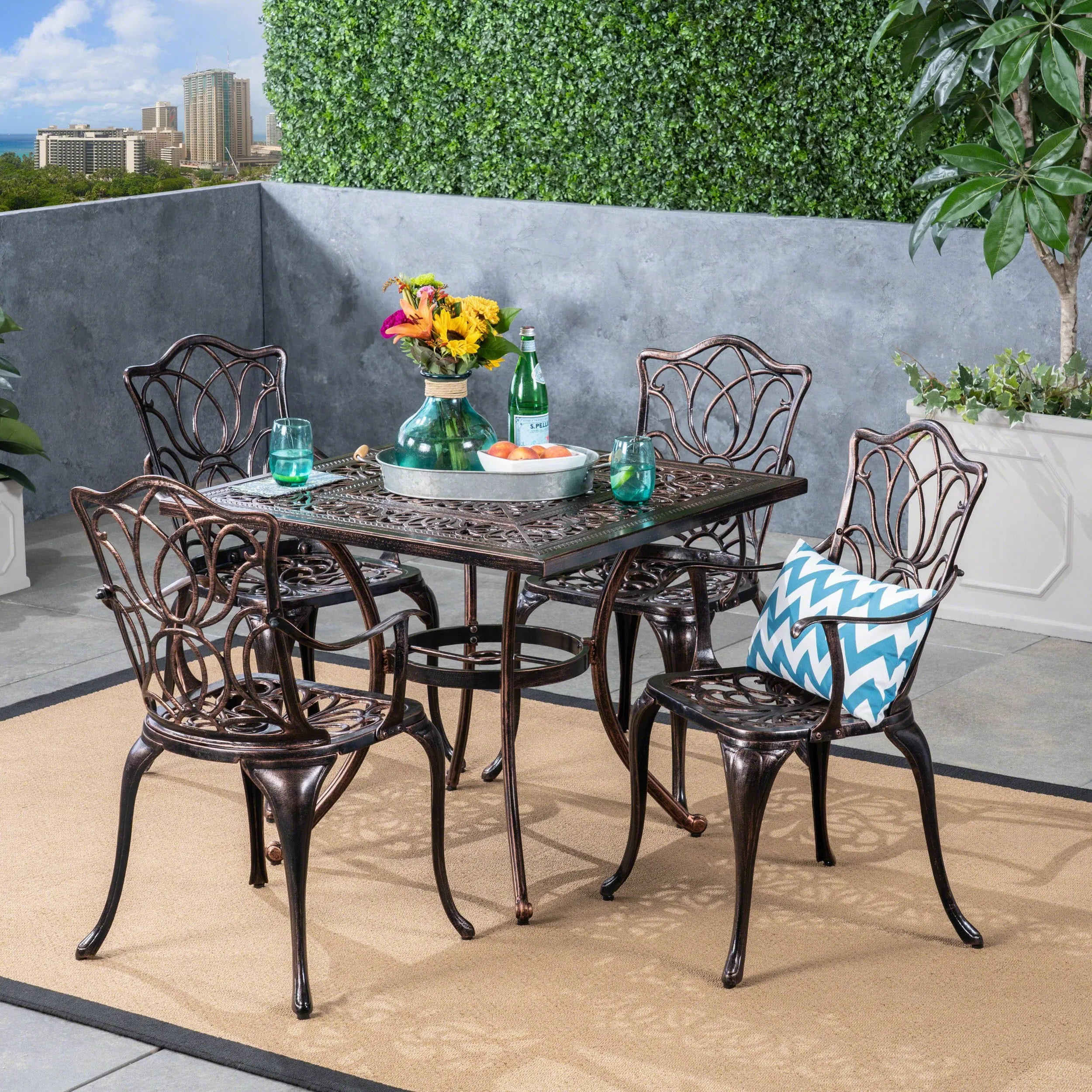 Outdoor 4-Seater Cast Aluminum Square-Table Dining Set, Shiny Copper - NH933603 patio chairs, outdoor seating