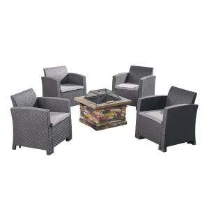 Outdoor 4-Seater Wicker Print Chat Set with Wood Burning Fire Pit - NH298503 patio chairs, outdoor seating
