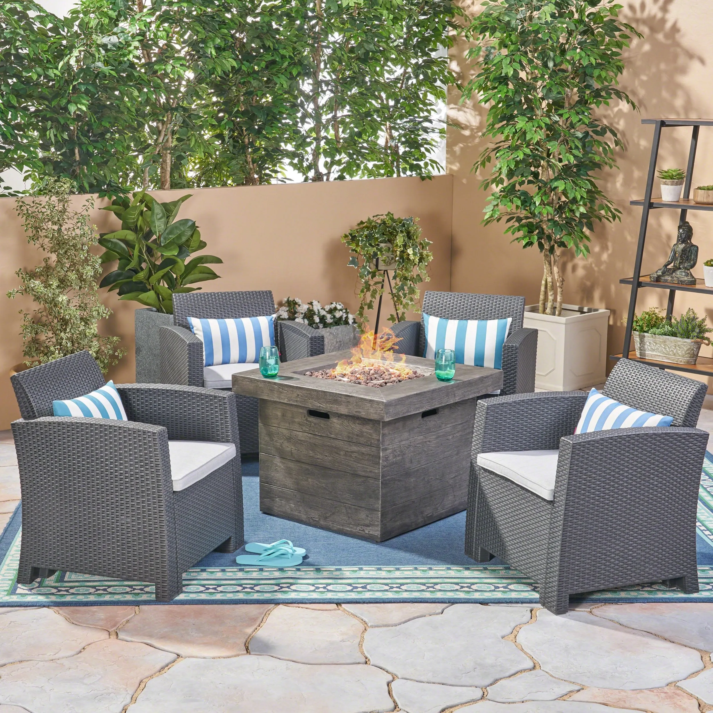 Outdoor 4-Seater Wicker Print Club Chair Chat Set with Fire Pit - NH523603 patio chairs, outdoor seating