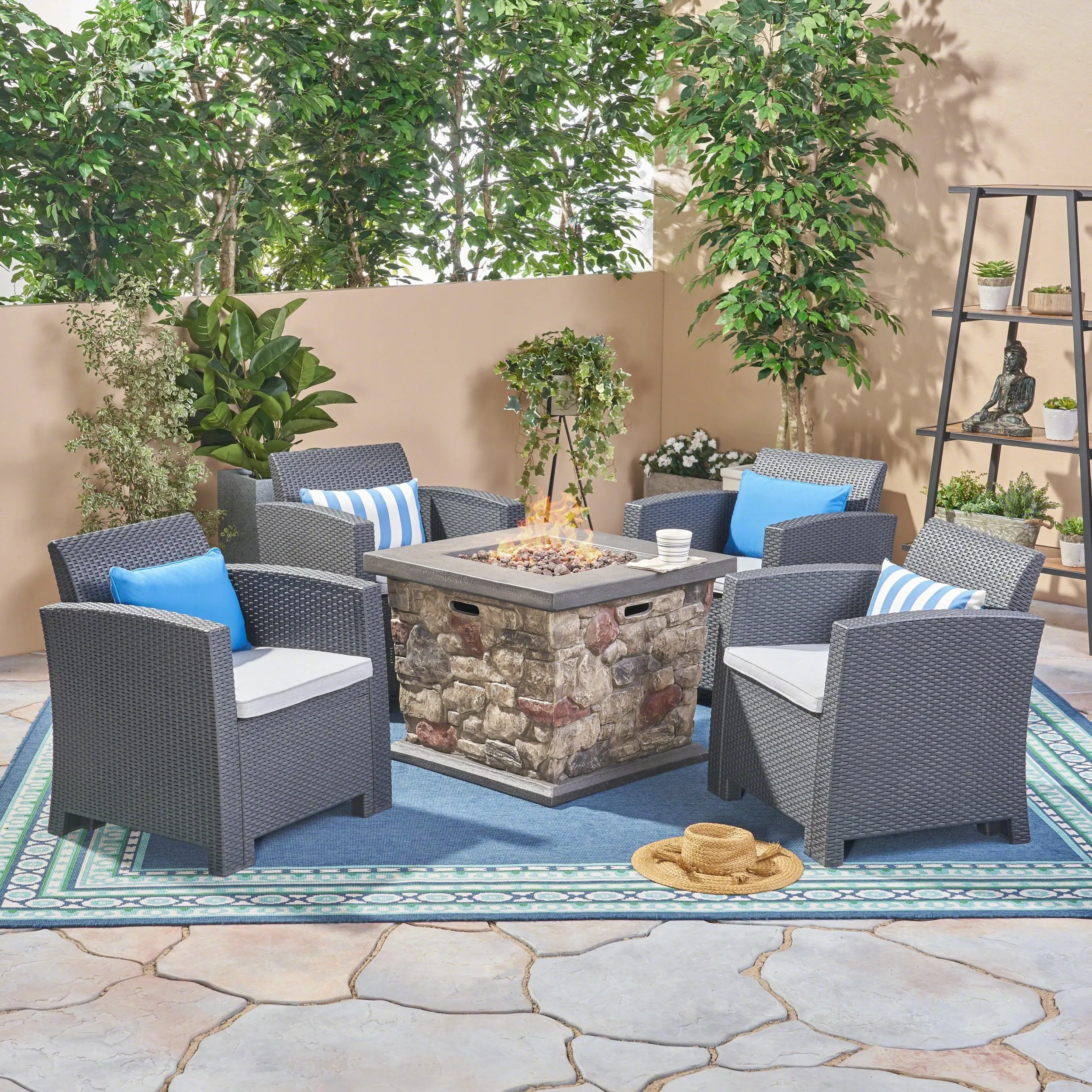 Outdoor 4-Seater Wicker Print Club Chair Chat Set With Fire Pit - NH823603 patio chairs, outdoor seating