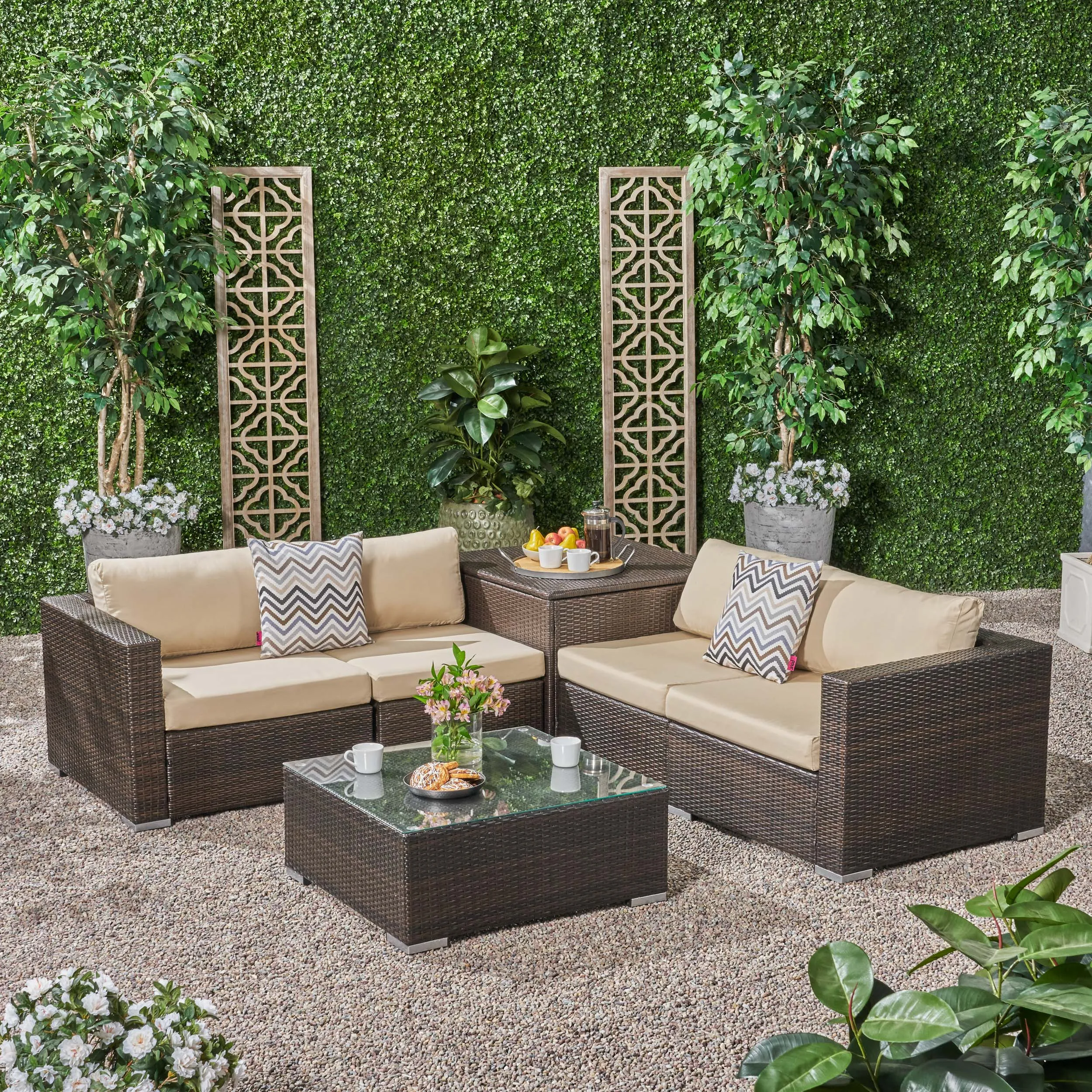 Outdoor 4 Seater Wicker Sofa Set with Storage Ottoman and Sunbrella Cushions - NH415803 patio chairs, outdoor seating