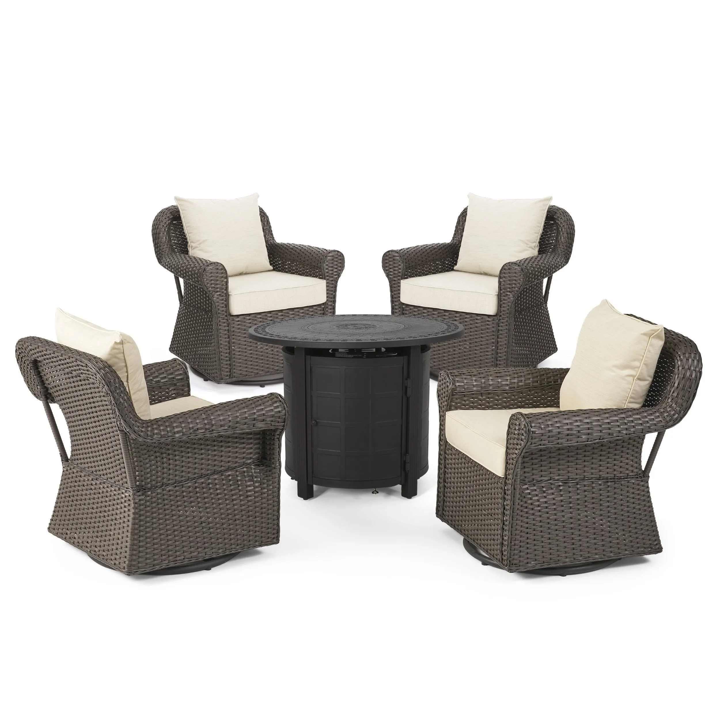 Outdoor 4 Seater Wicker Swivel Chair and Fire Pit Set - NH279213 patio chairs, outdoor seating
