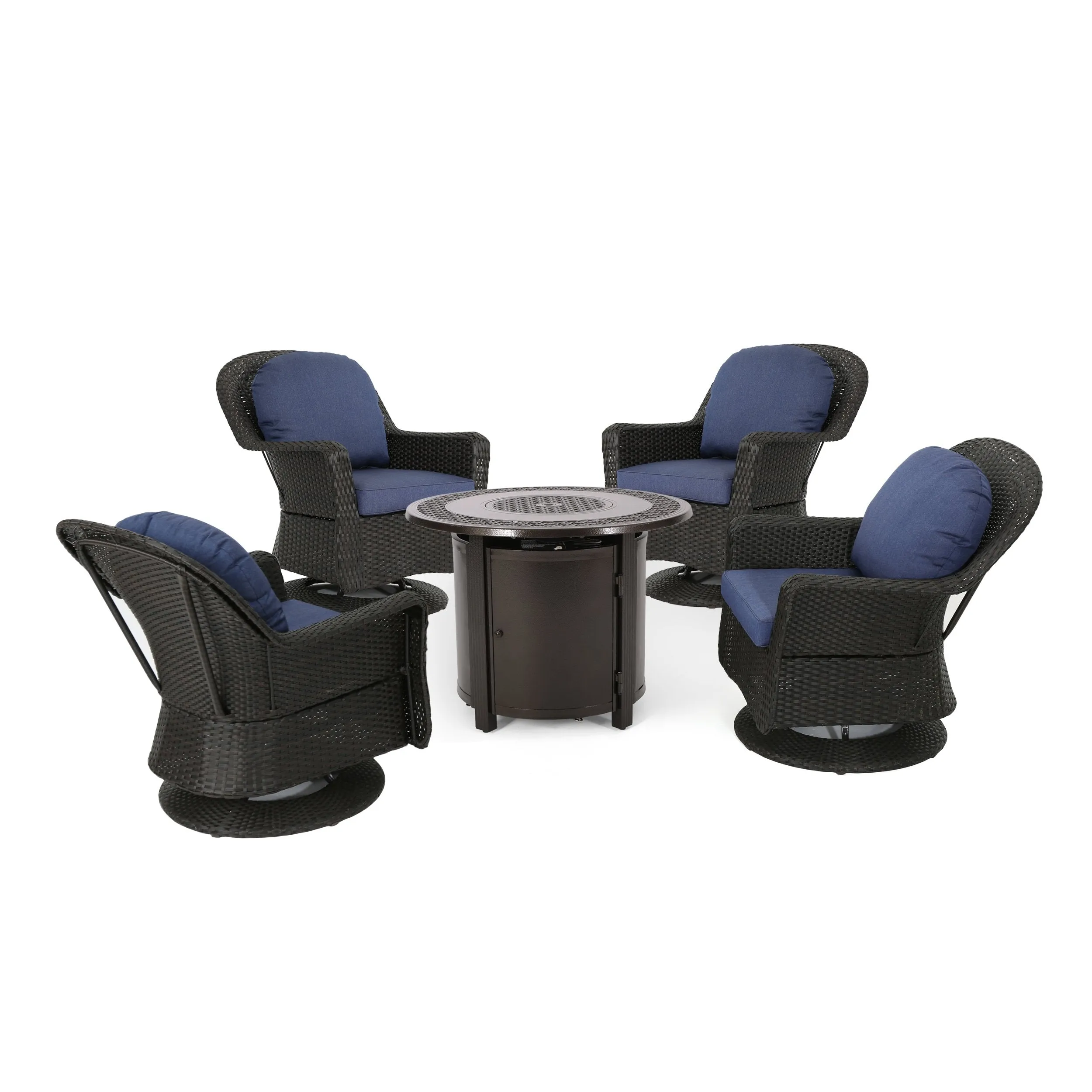 Outdoor 4 Seater Wicker Swivel Chair and Fire Pit Set - NH479213