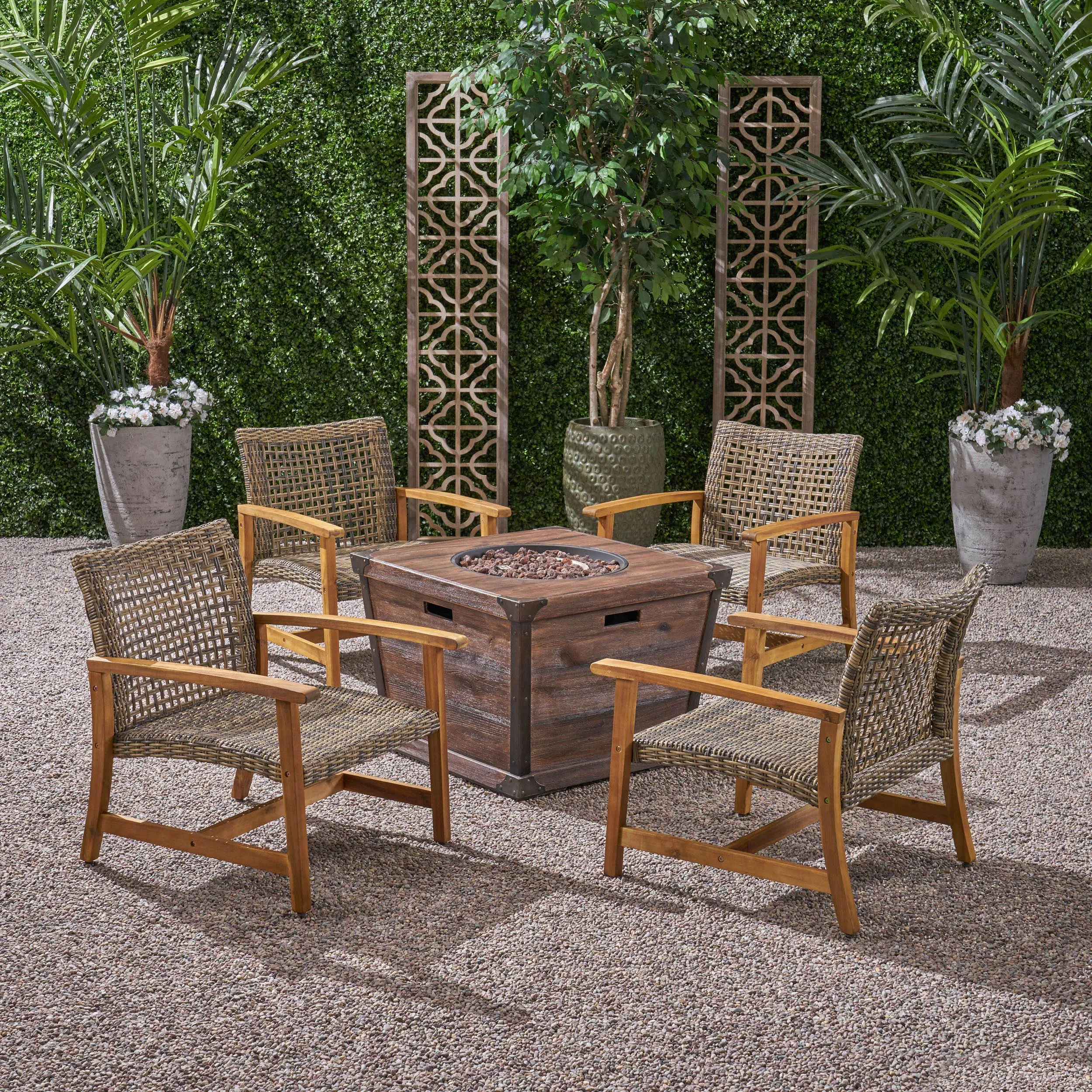 Outdoor 4-Seater Wood and Wicker Club Chair Set with Fire Pit - NH028703 patio chairs, outdoor seating