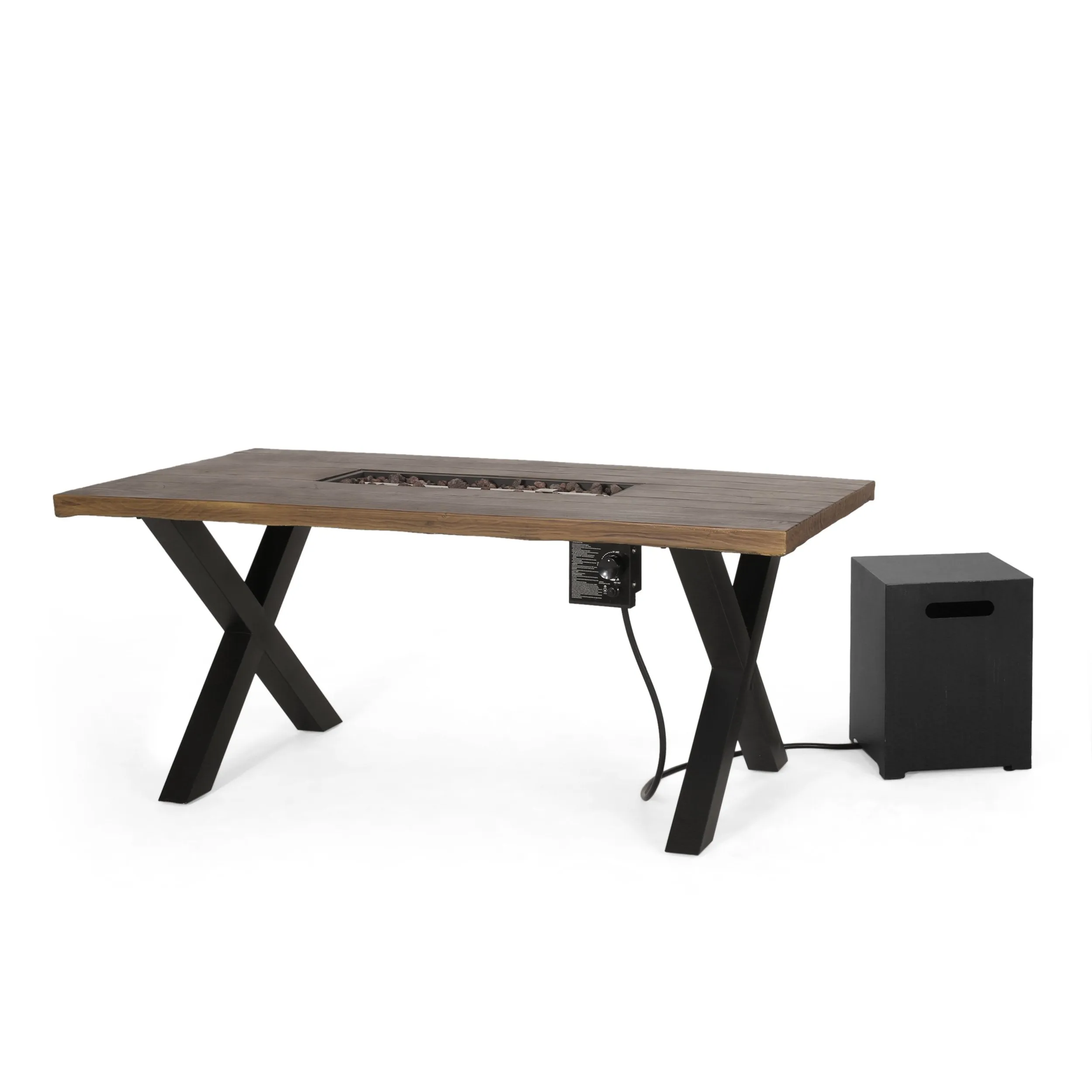 Outdoor 40,000 BTU Fire Pit Dining Table with Tank Holder, Textured Brown Walnut, Black, and Dark Gray - NH895513 patio chairs, outdoor seating