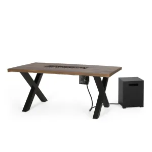 Outdoor 40,000 BTU Fire Pit Dining Table with Tank Holder, Textured Brown Walnut, Black, and Dark Gray - NH895513 patio chairs, outdoor seating
