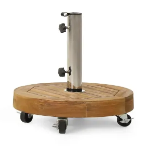 Outdoor 40lb Acacia Wood Circular Umbrella Base with Stainless Steel Tube, Teak - NH146413 patio chairs, outdoor seating