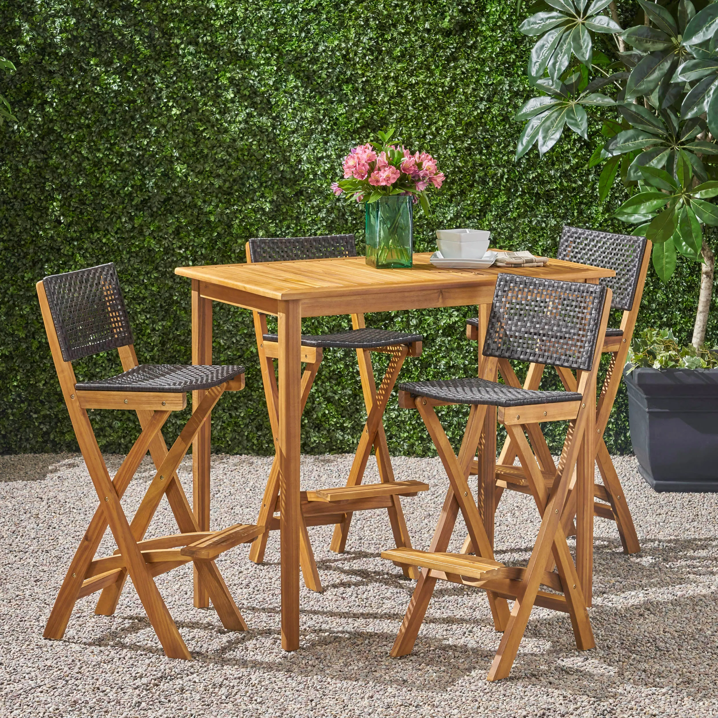 Outdoor 45" Rectangular 5 Piece Wood and Wicker Bar Height Set - NH643903 patio chairs, outdoor seating