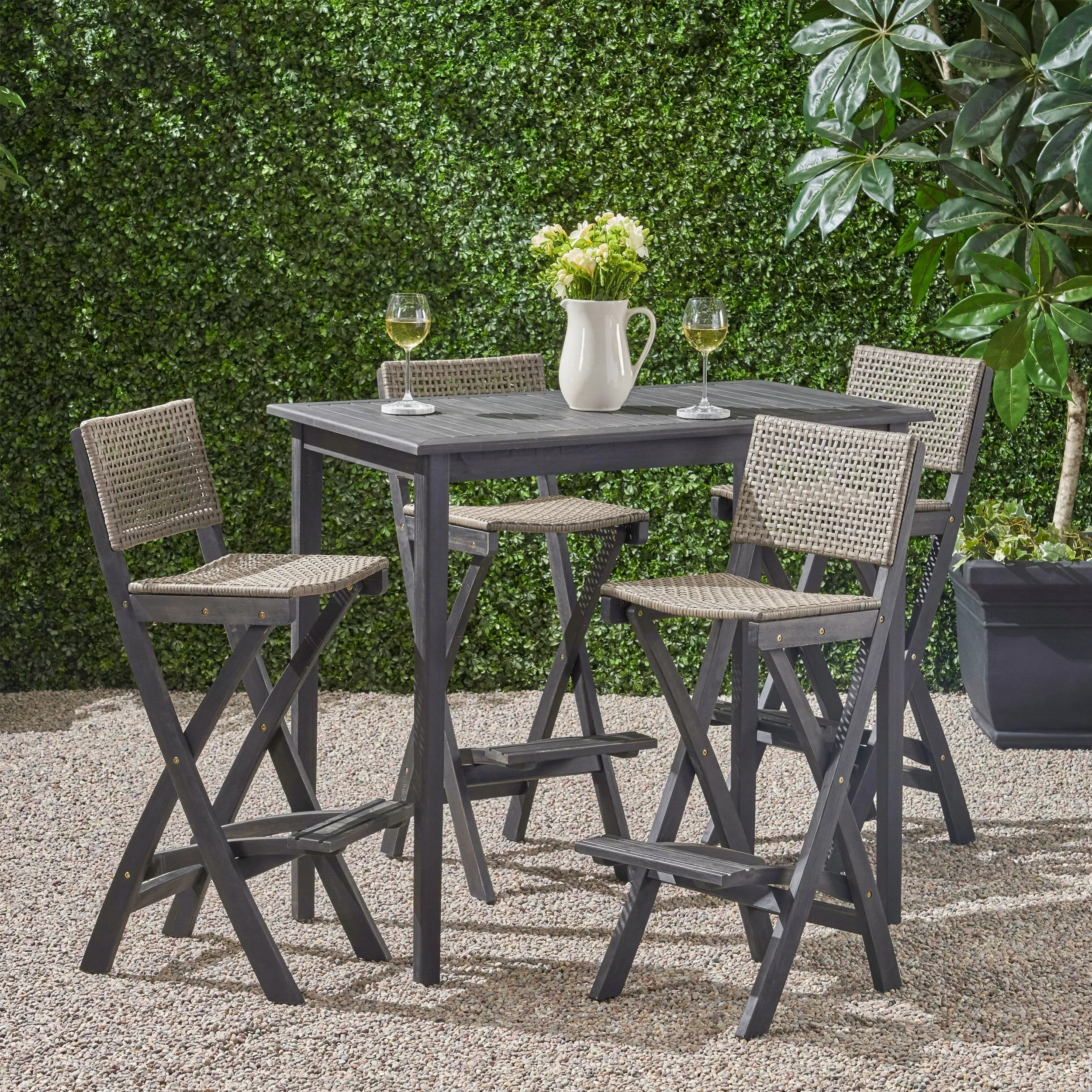 Outdoor 45" Rectangular 5 Piece Wood and Wicker Bar Height Set - NH643903