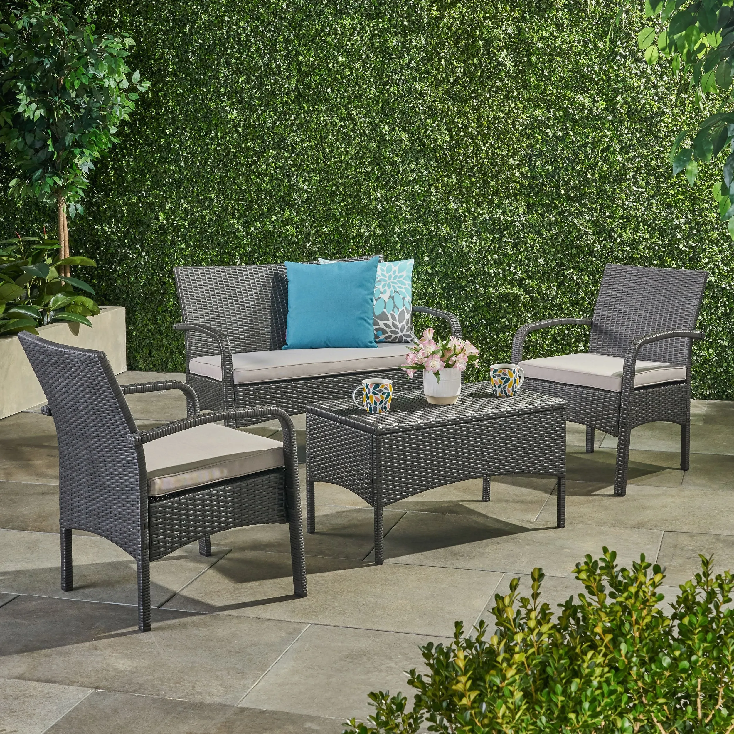Outdoor 4Pc Wicker Chat Set w/ Water Resistant Cushions - NH711103 patio chairs, outdoor seating