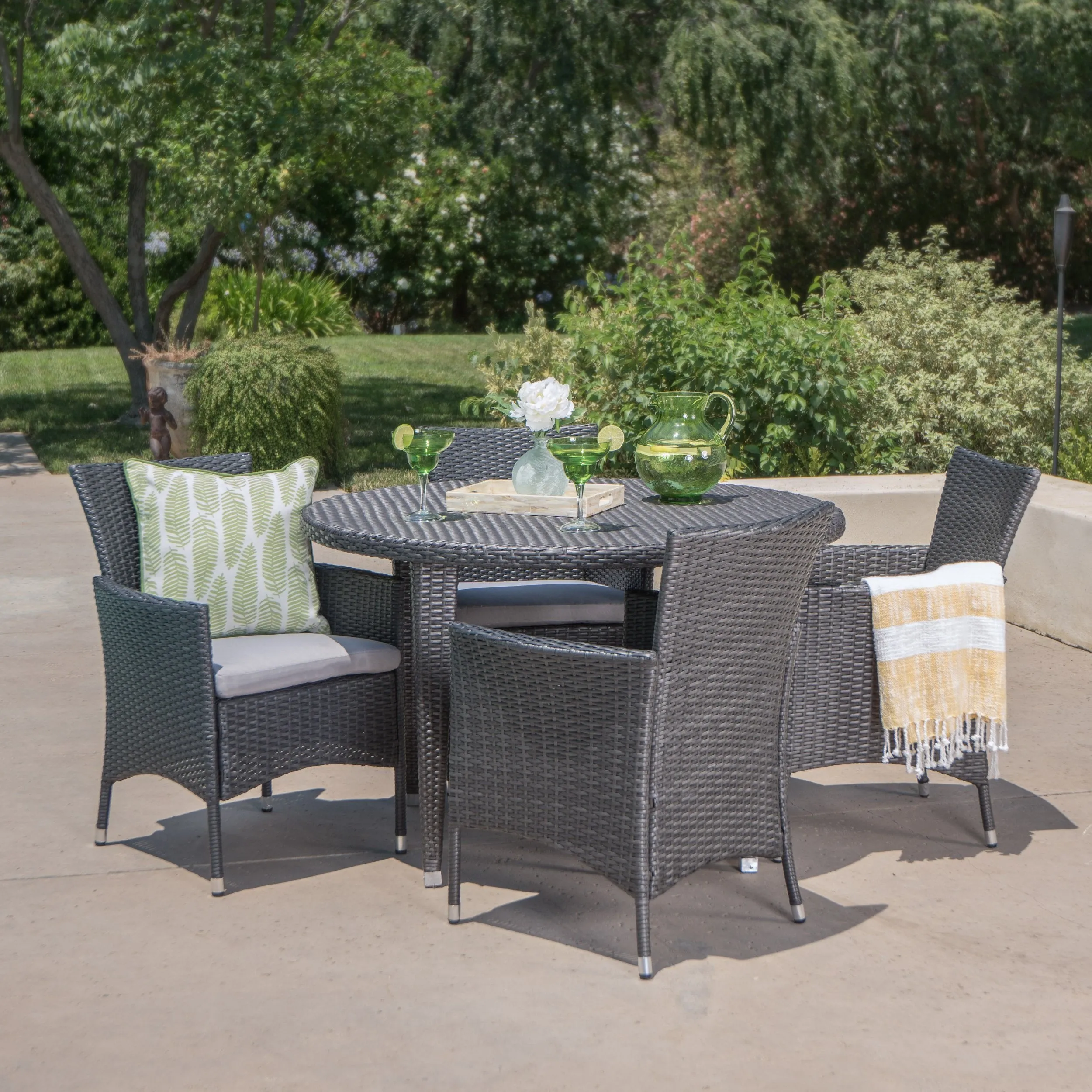 Outdoor 5 Pc Wicker Round Dining Set w/ Water Resistant Cushions - NH941103