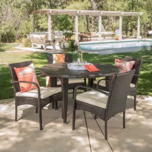 Outdoor 5 Pc Wicker Round Dining Set w/ Water Resistant Cushions - NH941103 patio chairs, outdoor seating