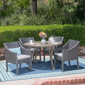 Outdoor 5 Piece Acacia Wood and Wicker Dining Set, Gray with Gray Chairs - NH220503 patio chairs, outdoor seating