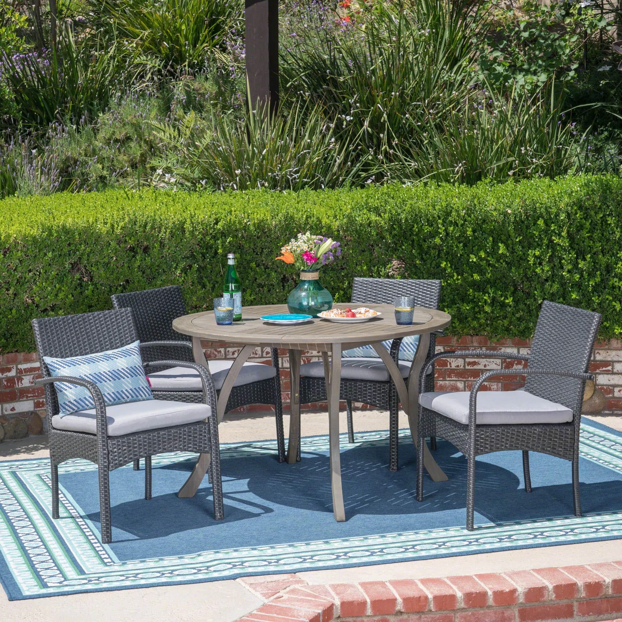 Outdoor 5 Piece Acacia Wood and Wicker Dining Set - NH120503 patio chairs, outdoor seating