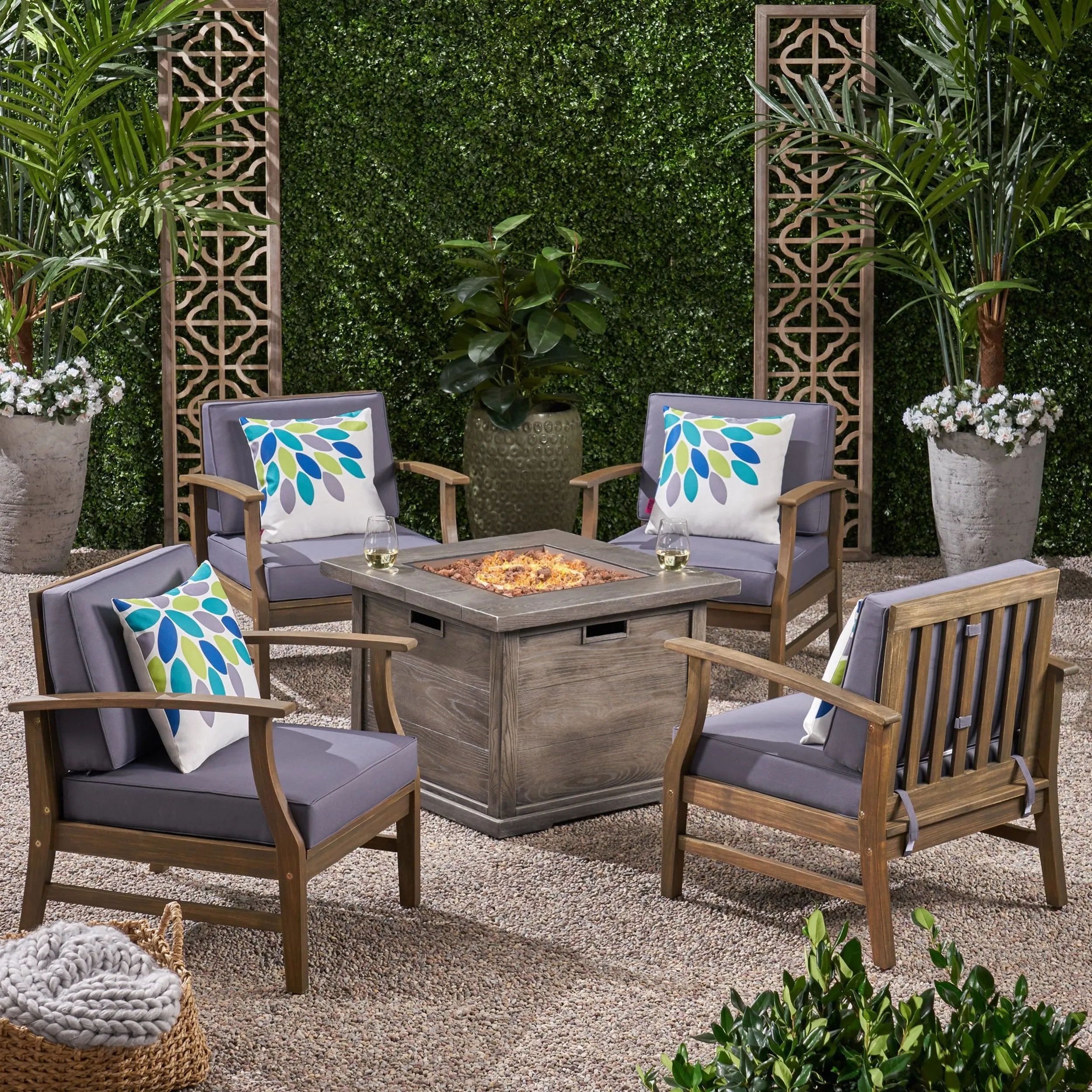 Outdoor 5 Piece Acacia Wood Club Chair and Fire Pit Set, Gray Finish and Gray - NH513803 patio chairs, outdoor seating