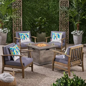Outdoor 5 Piece Acacia Wood Club Chair and Fire Pit Set, Gray Finish and Gray - NH513803 patio chairs, outdoor seating