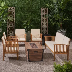 Outdoor 5 Piece Acacia Wood Conversational Set with Cushions and Fire Pit - NH128703 patio chairs, outdoor seating