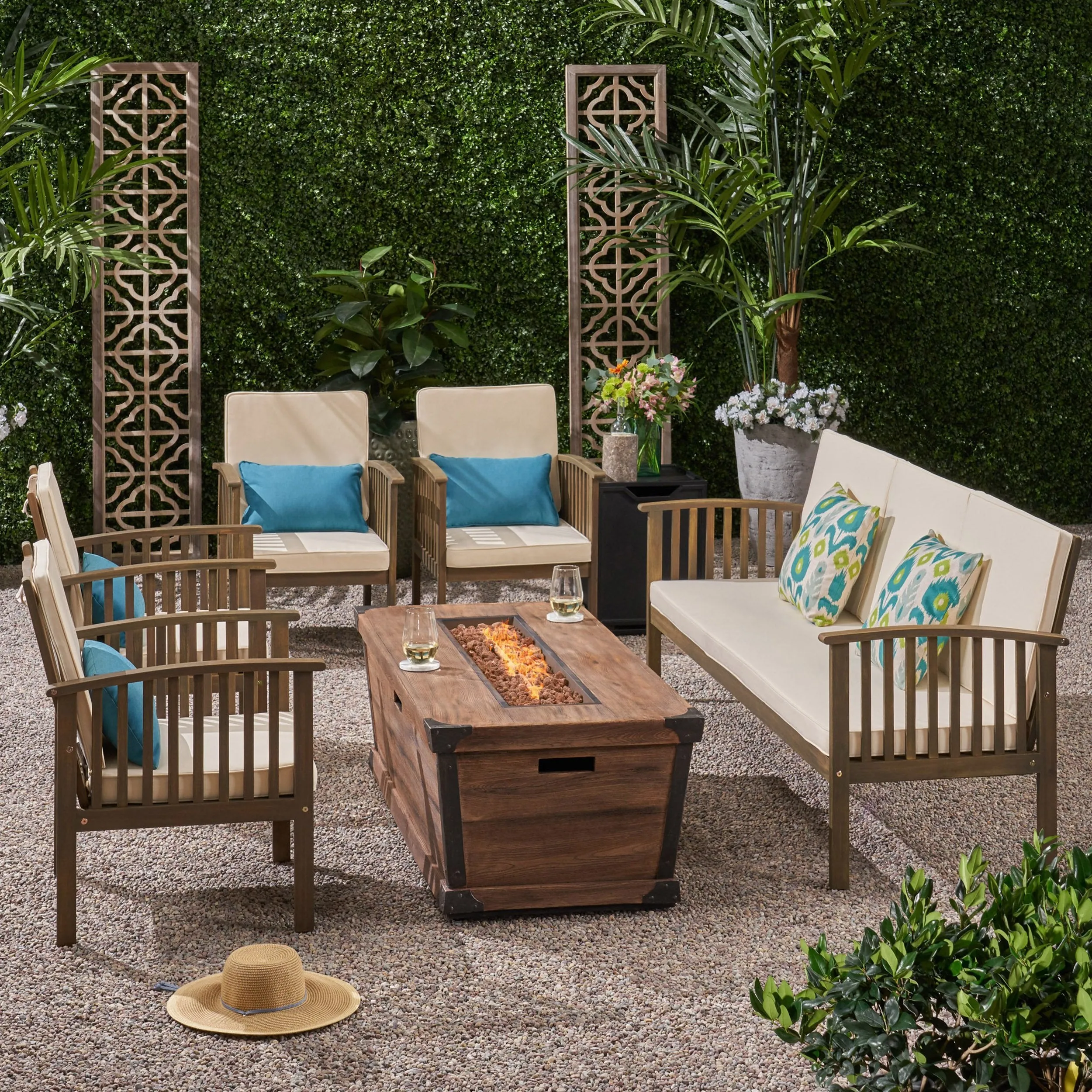 Outdoor 5 Piece Acacia Wood Conversational Set with Cushions and Fire Pit - NH128703