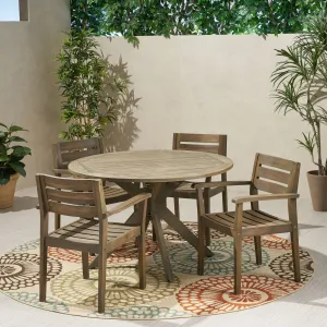 Outdoor 5 Piece Acacia Wood Dining Set with Round Table, Gray Finish - NH385503 patio chairs, outdoor seating