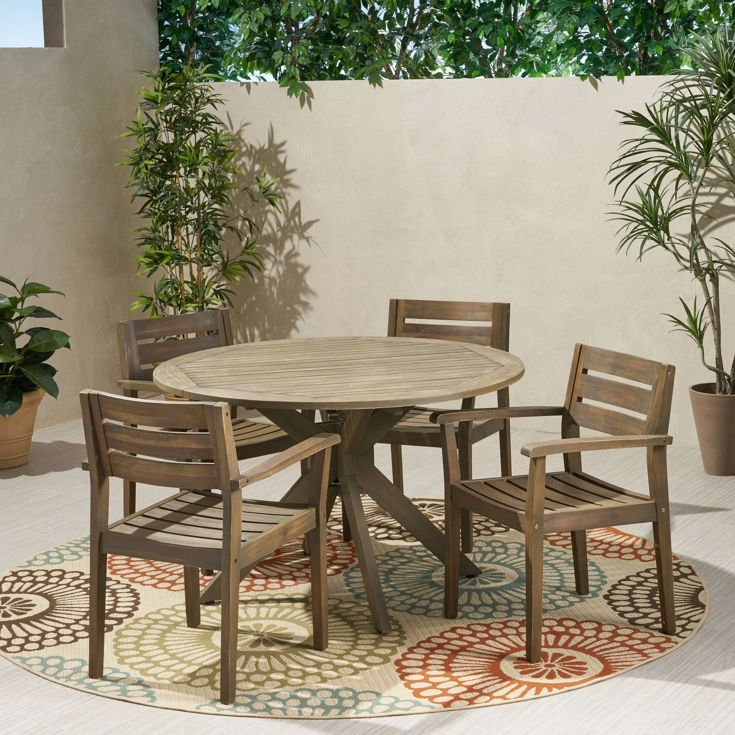 Outdoor 5 Piece Acacia Wood Dining Set with Round Table, Gray Finish - NH385503 patio chairs, outdoor seating