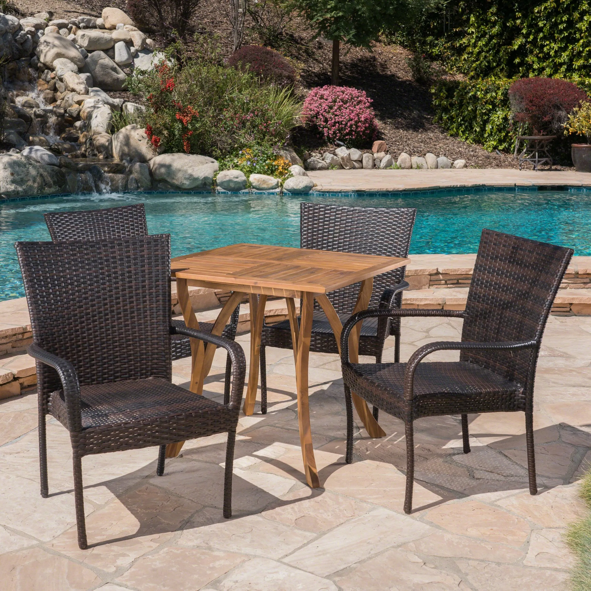 Outdoor 5 Piece Acacia Wood/ Wicker Dining Set, Teak Finish and Multibrown - NH403403 patio chairs, outdoor seating