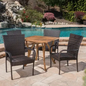 Outdoor 5 Piece Acacia Wood/ Wicker Dining Set, Teak Finish and Multibrown - NH403403 patio chairs, outdoor seating