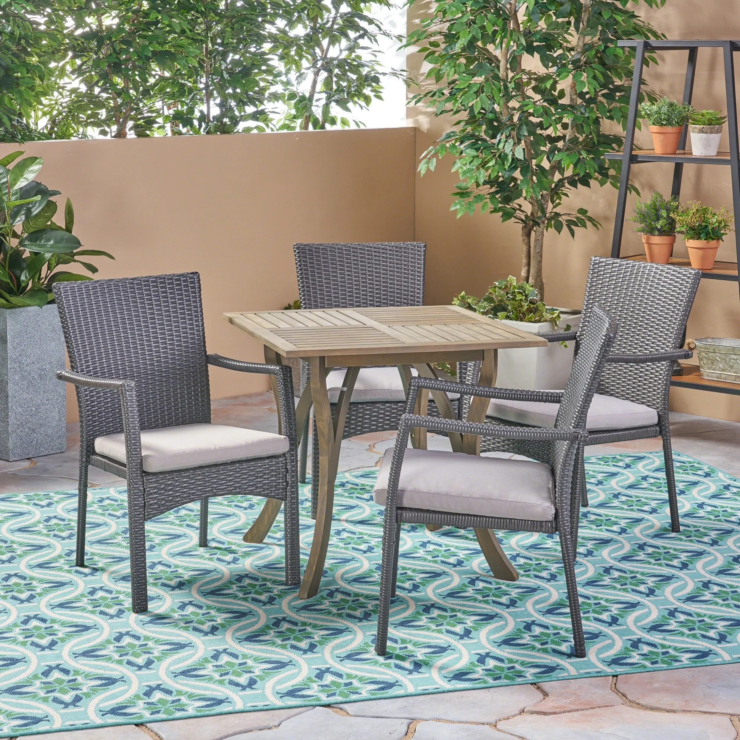Outdoor 5 Piece Acacia Wood/ Wicker Dining Set with Cushions - NH703403