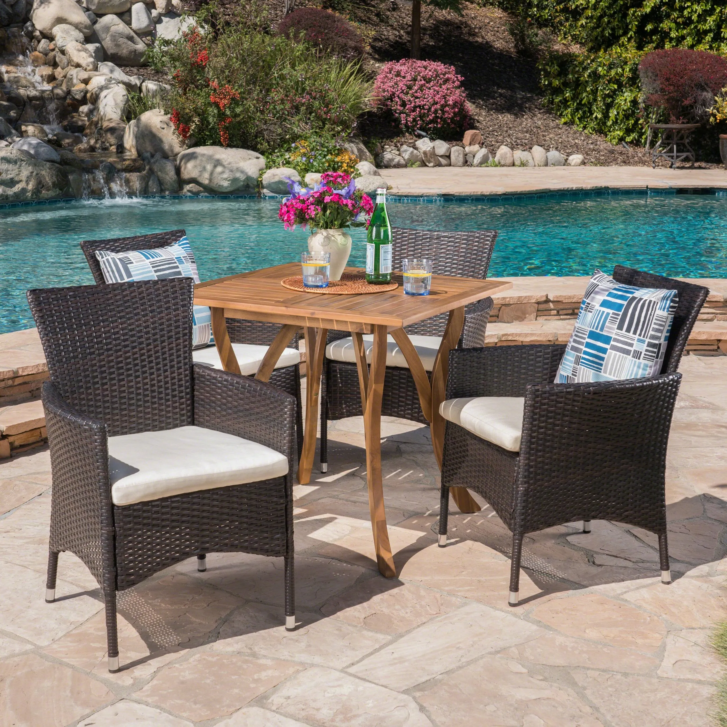 Outdoor 5 Piece Acacia Wood/ Wicker Dining Set with Cushions, Teak Finish and Multibrown with Beige - NH603403 patio chairs, outdoor seating