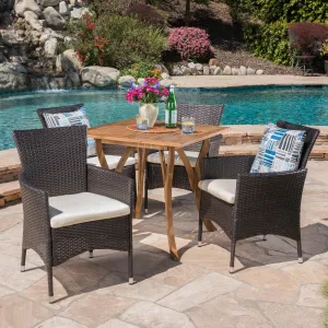 Outdoor 5 Piece Acacia Wood/ Wicker Dining Set with Cushions, Teak Finish and Multibrown with Beige - NH603403 patio chairs, outdoor seating
