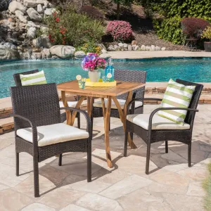 Outdoor 5 Piece Acacia Wood/ Wicker Dining Set with Cushions, Teak Finish and Multibrown with Crme - NH803403 patio chairs, outdoor seating