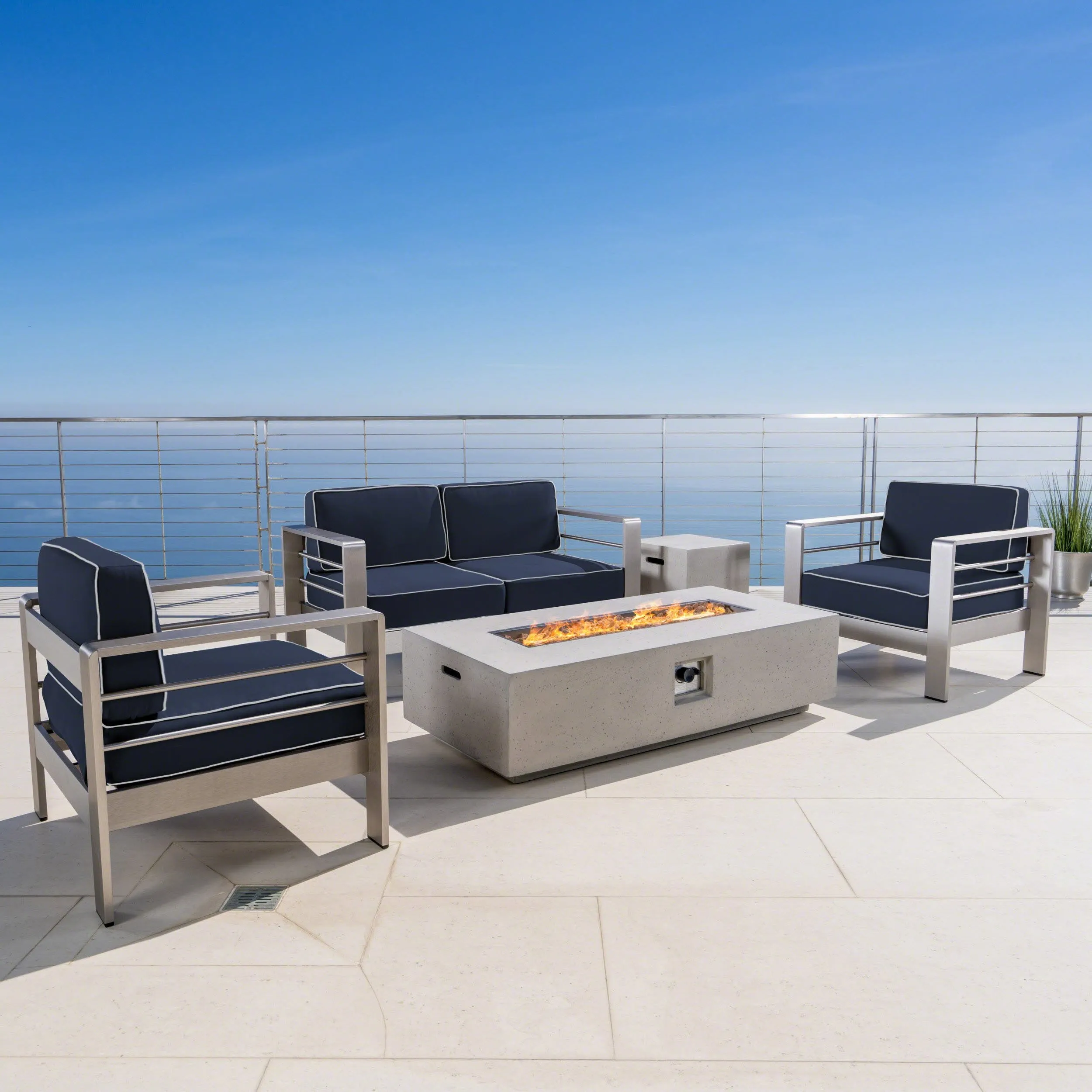 Outdoor 5 Piece Aluminum Chat Set with Sunbrella Cushions and Fire Pit - NH793303 patio chairs, outdoor seating