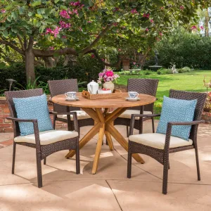 Outdoor 5 Piece Brown Wicker Dining Set with Teak Finish Acacia Wood Circular Table and Crme Water Resistant Cushions - NH670403 patio chairs, outdoor seating