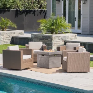 Outdoor 5 Piece Chat Set with Brown Wicker Club Chairs and Fire Pit - NH552203 patio chairs, outdoor seating