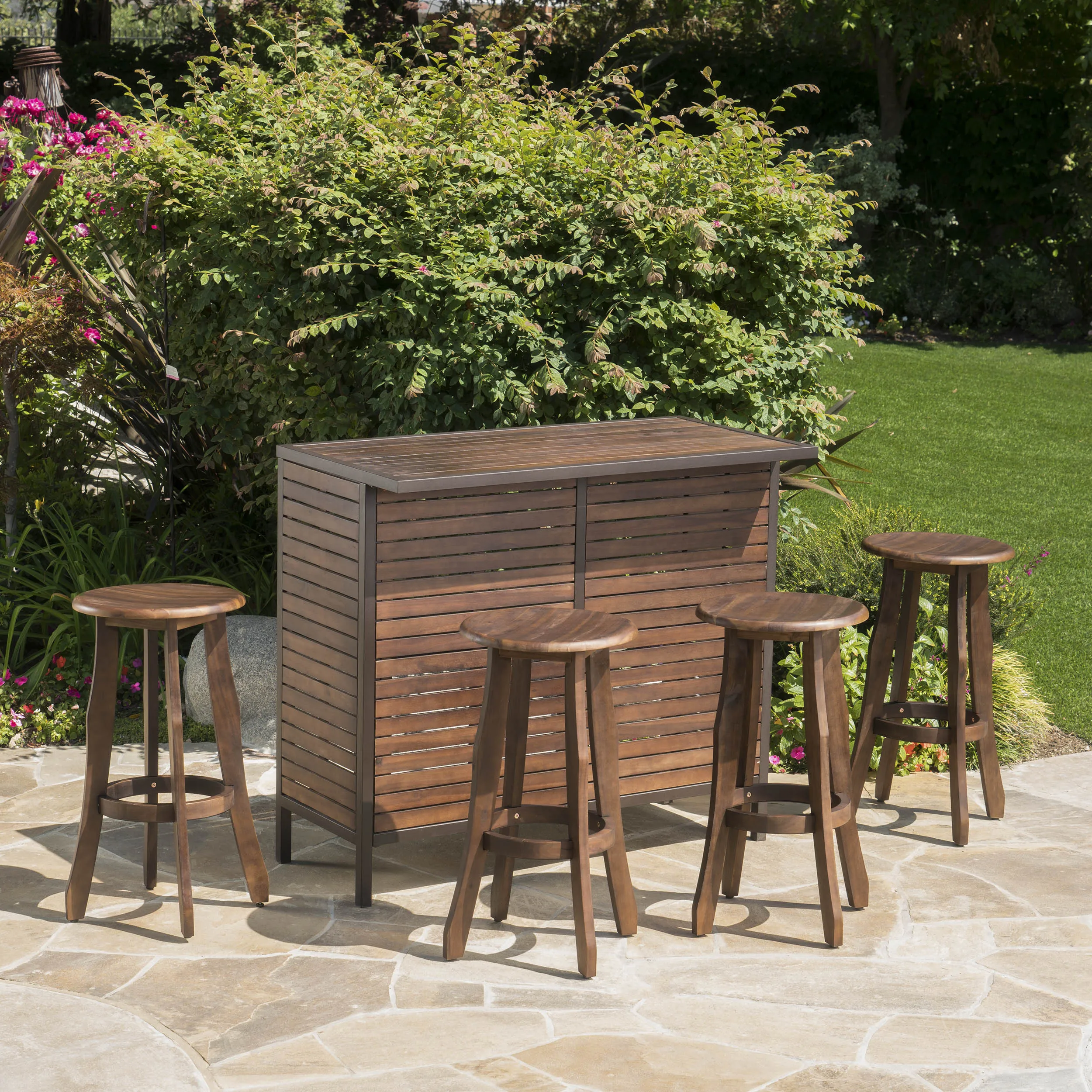 Outdoor 5 Piece Dark Brown Finished Acacia Wood Bar Set - NH920103
