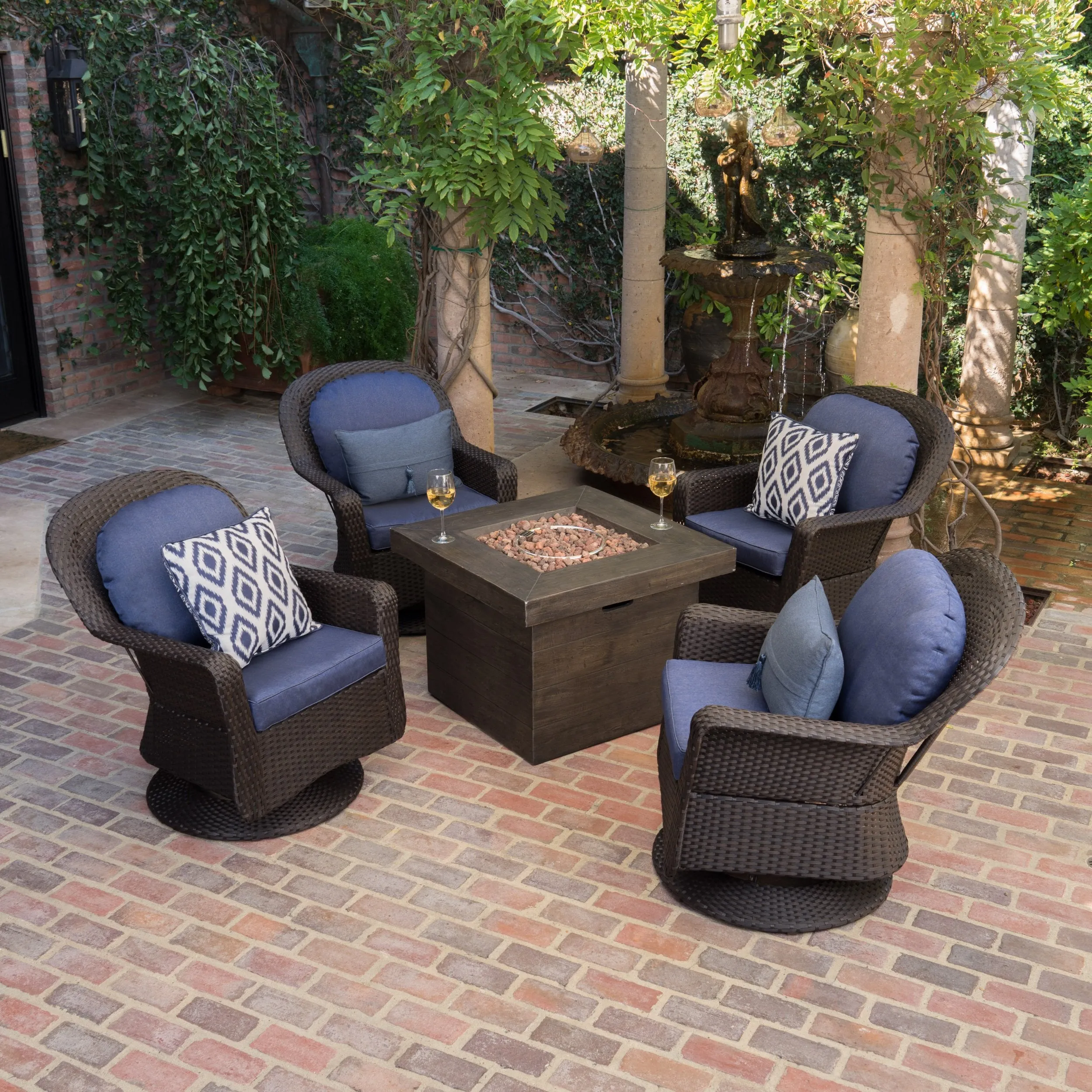 Outdoor 5 Piece Dark Brown Wicker Chair Fire Pit Chat Set - NH671203 patio chairs, outdoor seating