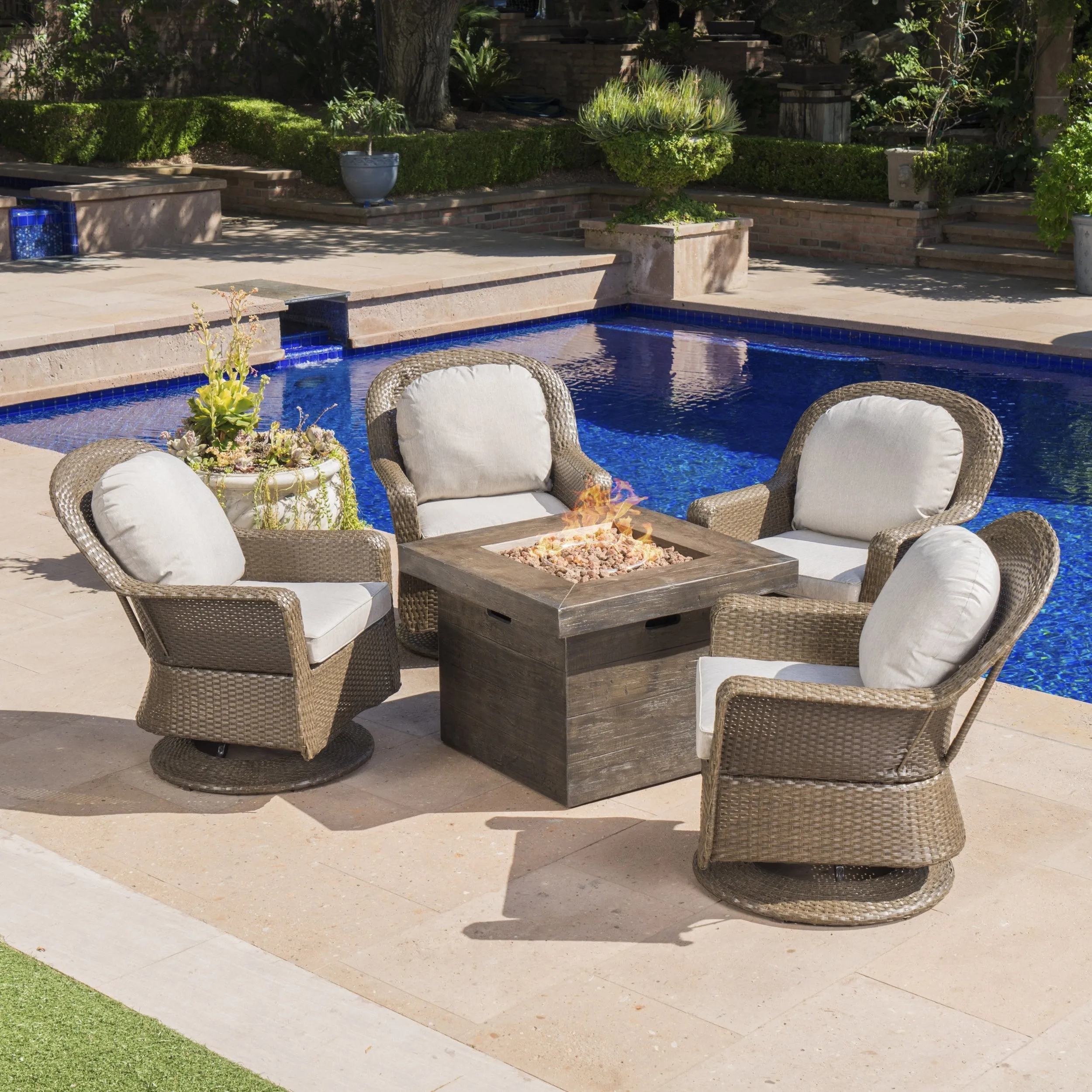 Outdoor 5 Piece Dark Brown Wicker Chair Fire Pit Chat Set - NH671203