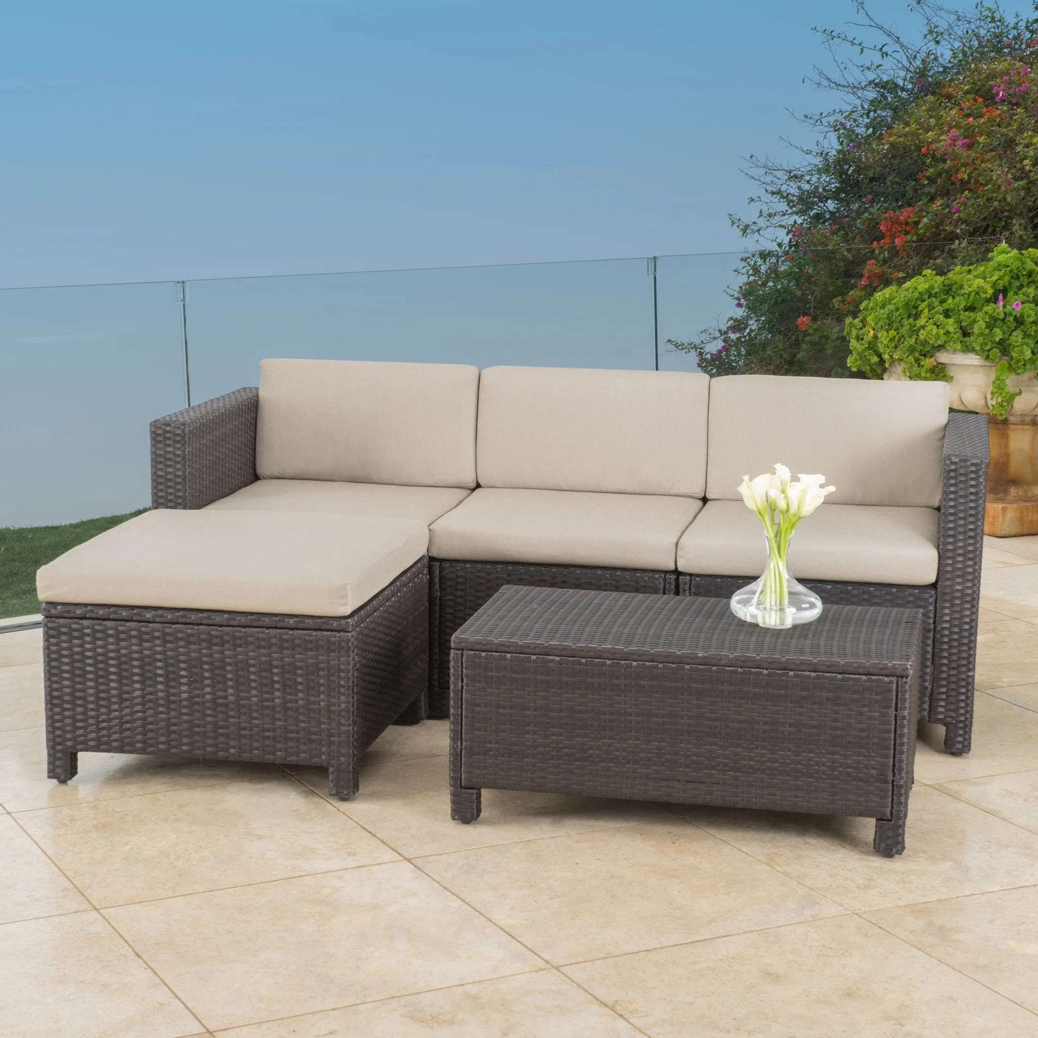 Outdoor 5-piece Dark Brown Wicker Sectional Sofa Set with Beige Cushions - NH376692 patio chairs, outdoor seating