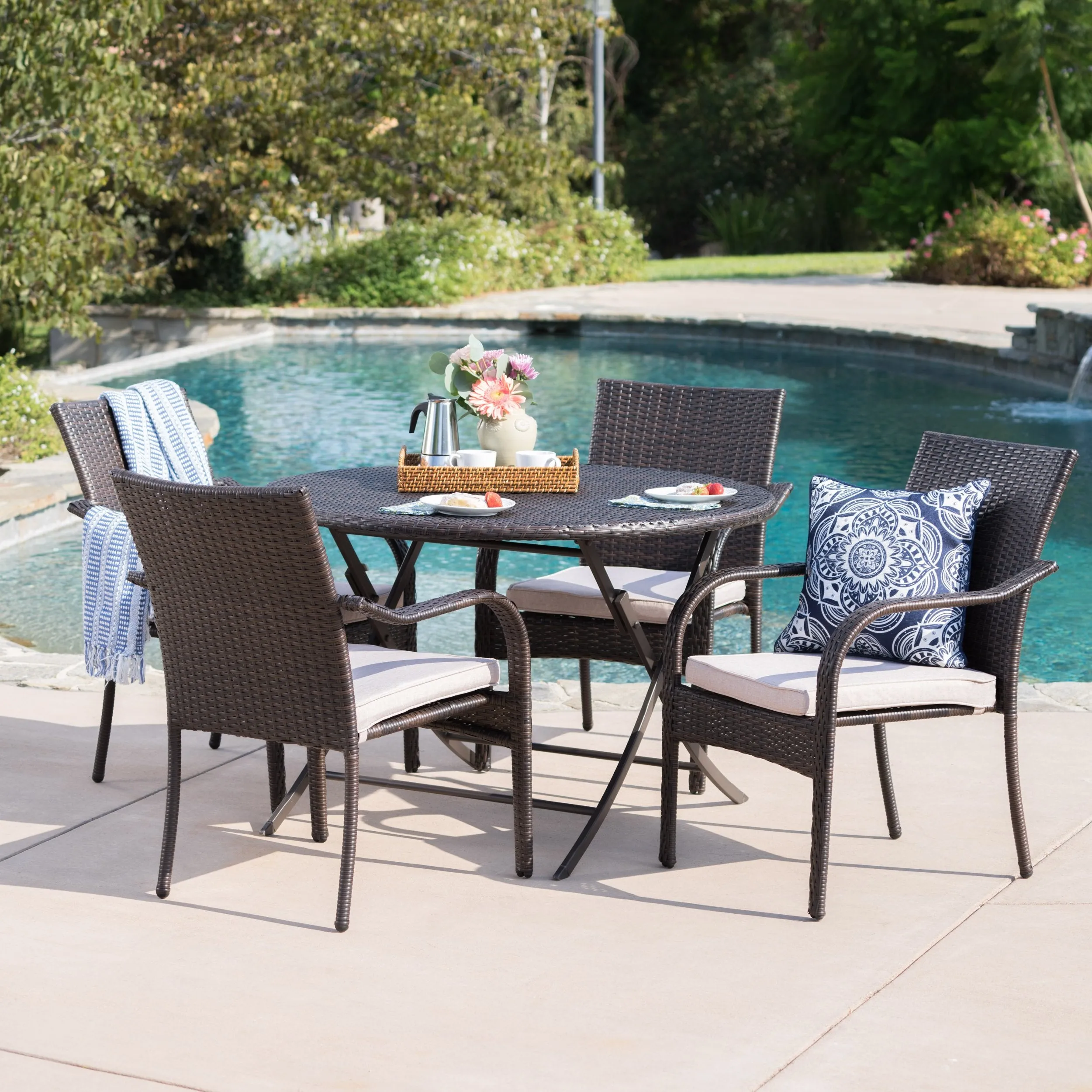 Outdoor 5 Piece Foldable Table and Stacking Chair Wicker Dining Set - NH700203 patio chairs, outdoor seating