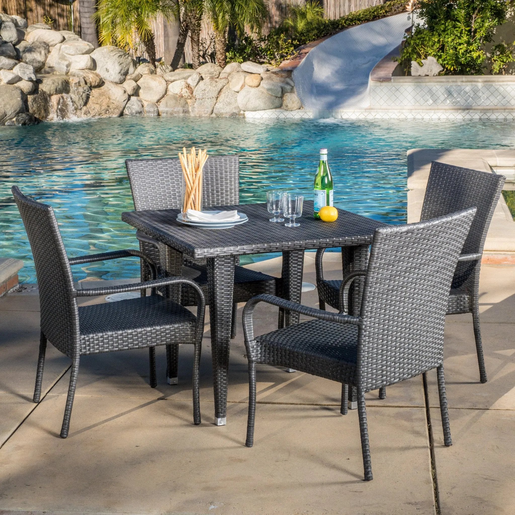 Outdoor 5-Piece Gray Wicker Dining Set with Stackable Chairs - NH486692 patio chairs, outdoor seating