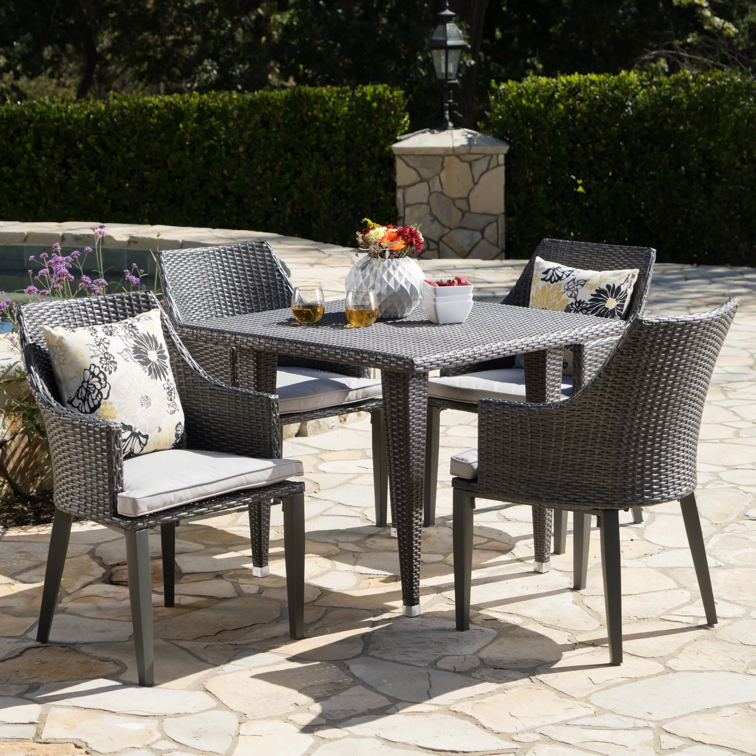 Outdoor 5 Piece Gray Wicker Dining Set with Water Resistant Cushions - NH664203 patio chairs, outdoor seating