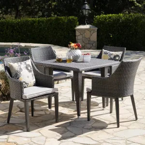 Outdoor 5 Piece Gray Wicker Dining Set with Water Resistant Cushions - NH664203 patio chairs, outdoor seating