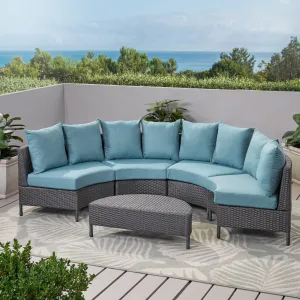 Outdoor 5 Piece Gray Wicker Sectional Sofa Set with Teal Cushions - NH506203 patio chairs, outdoor seating
