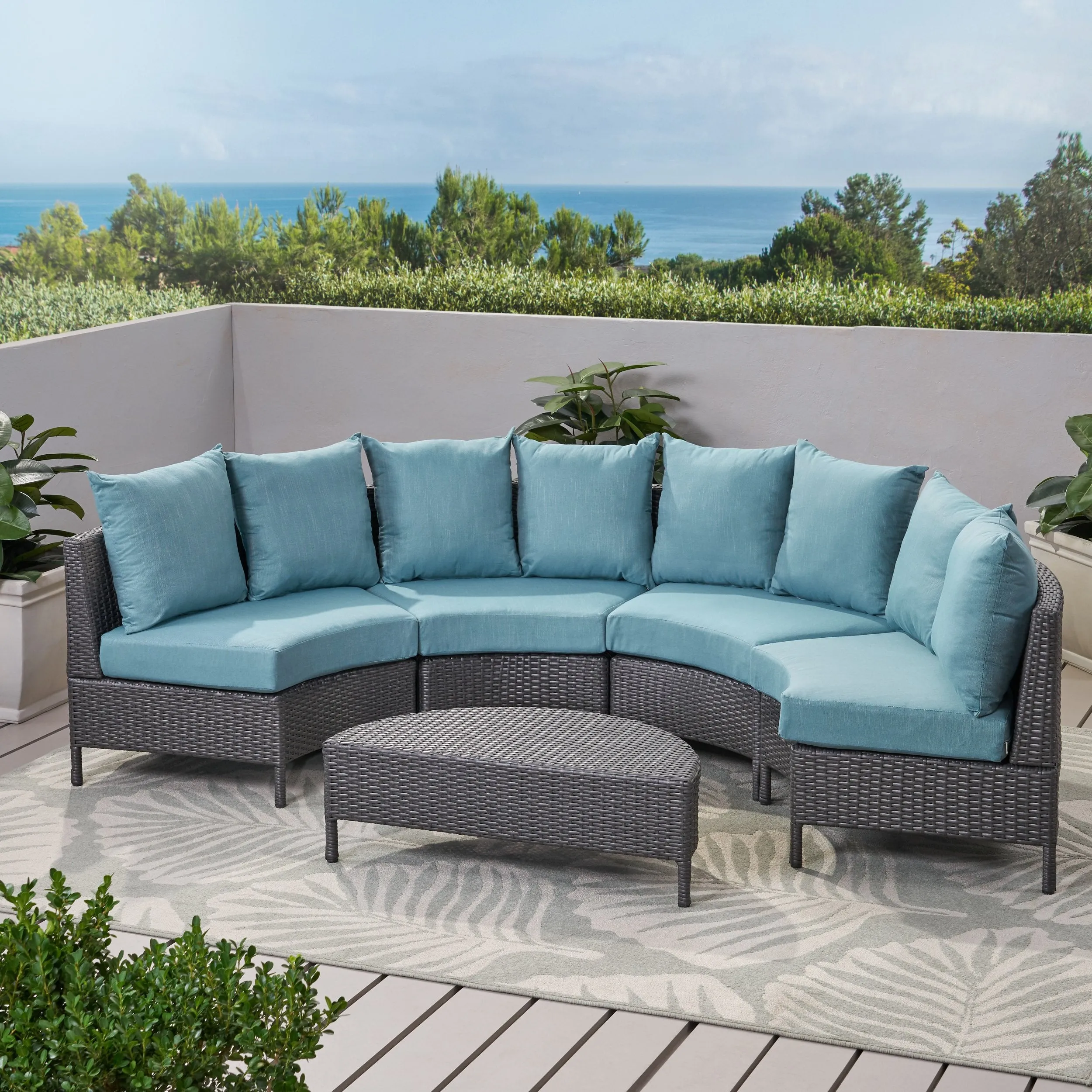 Outdoor 5 Piece Gray Wicker Sectional Sofa Set with Teal Cushions - NH506203 patio chairs, outdoor seating