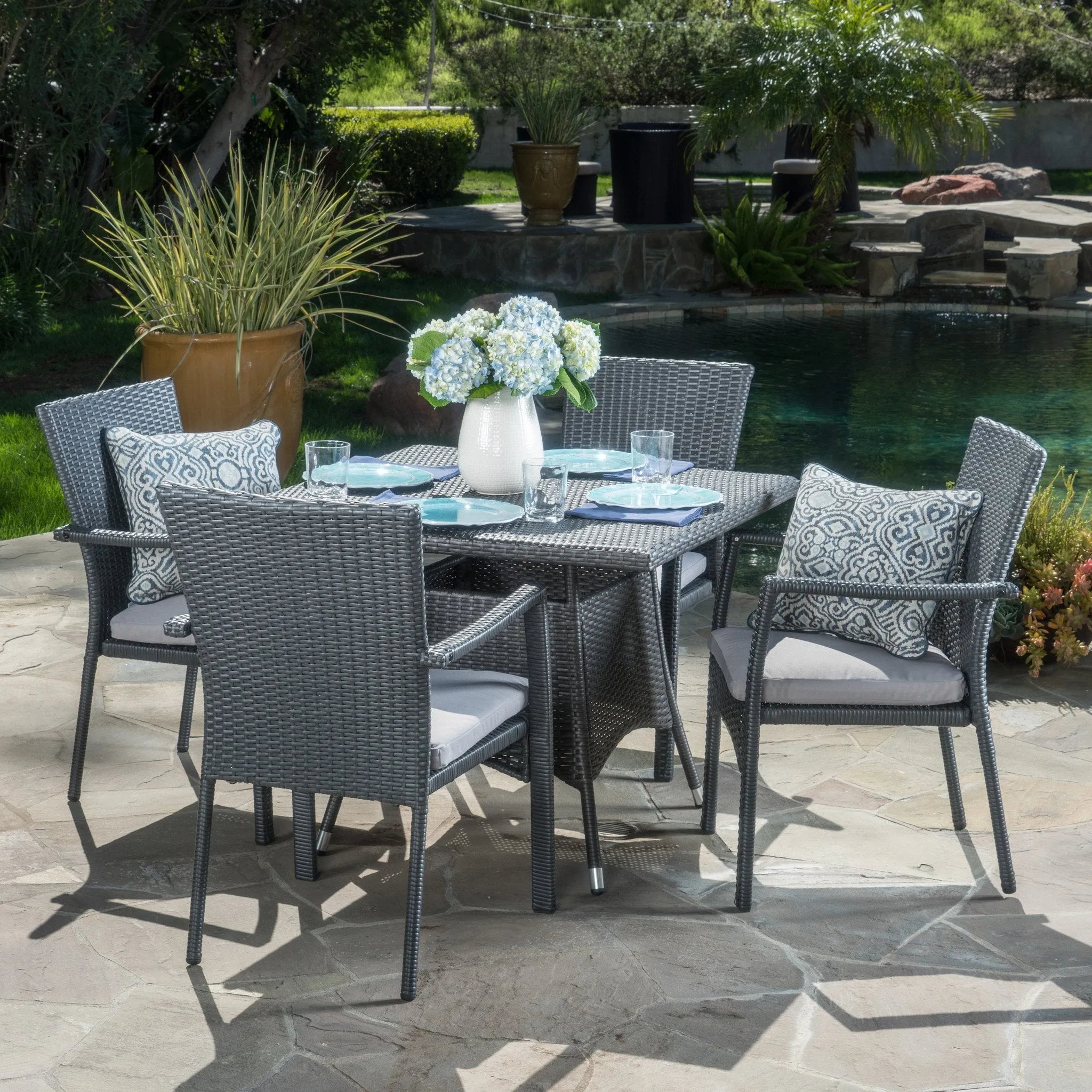 Outdoor 5 Piece Grey Wicker Dining Set with Cushions - NH202003 patio chairs, outdoor seating